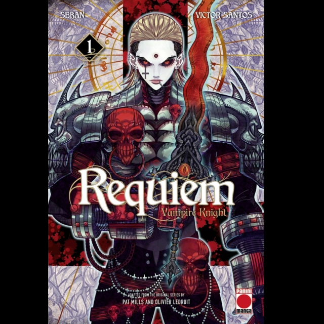 Front cover of the graphic novel 'Requiem: Vampire Knight' Volume 1, featuring a detailed illustration of a vampire knight in ornate silver armor with red accents, white face paint, and a red circular emblem on the chest. The title 'Requiem' is written in large white gothic letters across the center, with 'Vampire Knight' underneath. Requiem: Vampire Knight The Manga Vol. 1 is a 228 page paperback manga by Victor Santos of unrelenting horror and redemption, a manga adaptation of Pat Mills and Olivier Ledroi