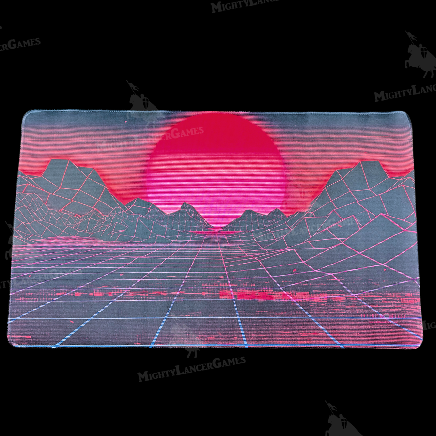 Retrowave Mountains playmat by 1UP Dice with a cyber grid, dark wireframe mountains, and a glowing pink sun. Retro aesthetic with premium stitched edges.