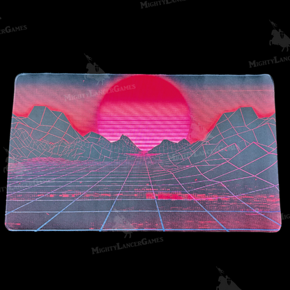 Retrowave Mountains playmat by 1UP Dice with a cyber grid, dark wireframe mountains, and a glowing pink sun. Retro aesthetic with premium stitched edges.