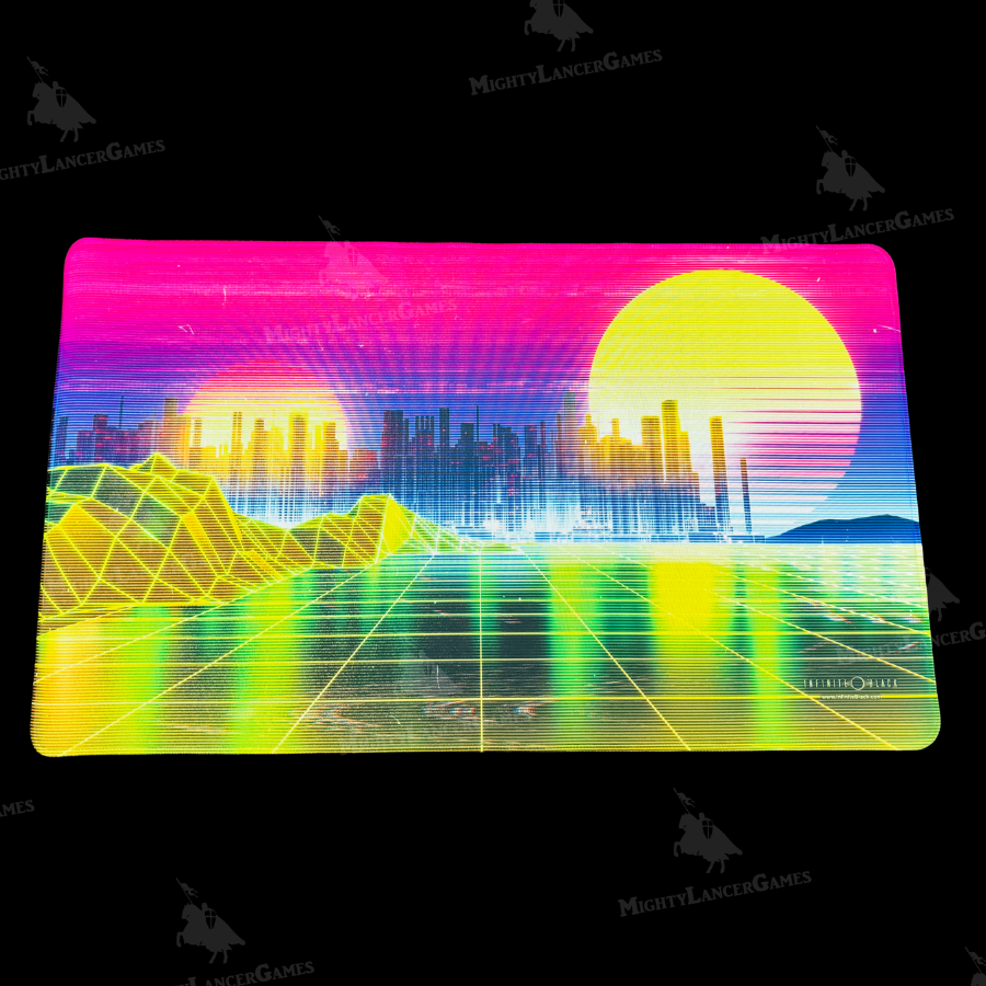 Retrowave Plains playmat by 1UP Dice showcasing neon green and yellow grid plains, a retro cityscape, and dual glowing suns with premium stitched edges.