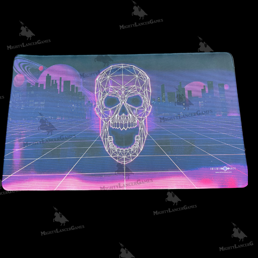 Retrowave Swamp playmat by 1UP Dice features a neon wireframe skull, grid design, cityscape, and glowing pink planet. Perfect for retro gaming fans.