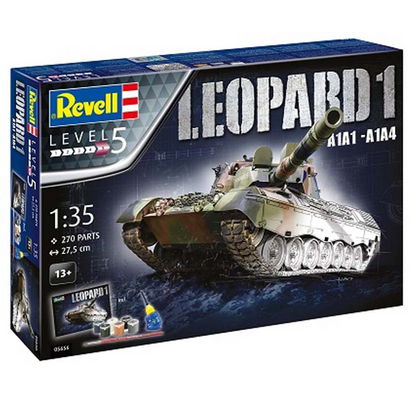Revell Level 5 Leopard 1 model kit box, 1:35 scale, featuring a detailed tank illustration on a dark blue background. Revell Leopard 1 A1A1 A1A4 1:35 tank model kit gift set with paints glue and brush