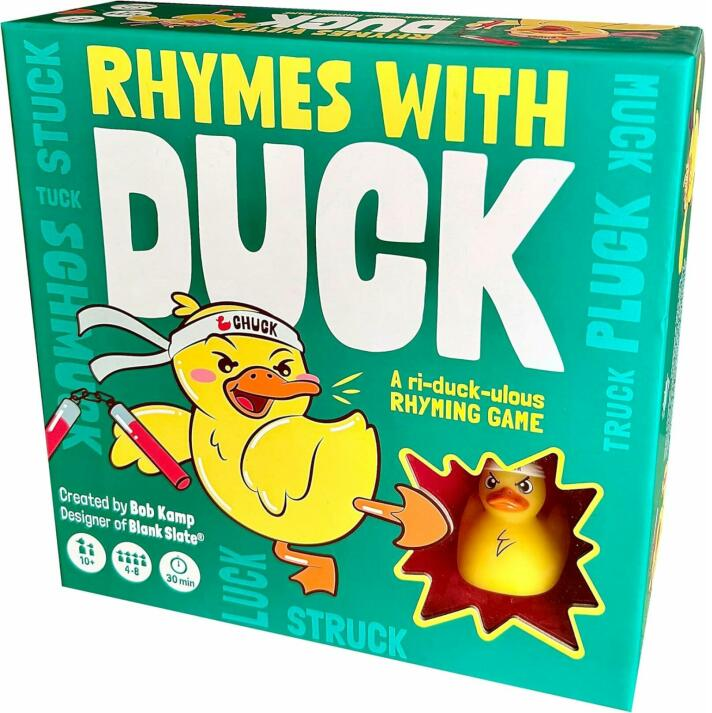 Rhymes with Duck board game showing toy duck, word cards, answer boards, markers and score board.