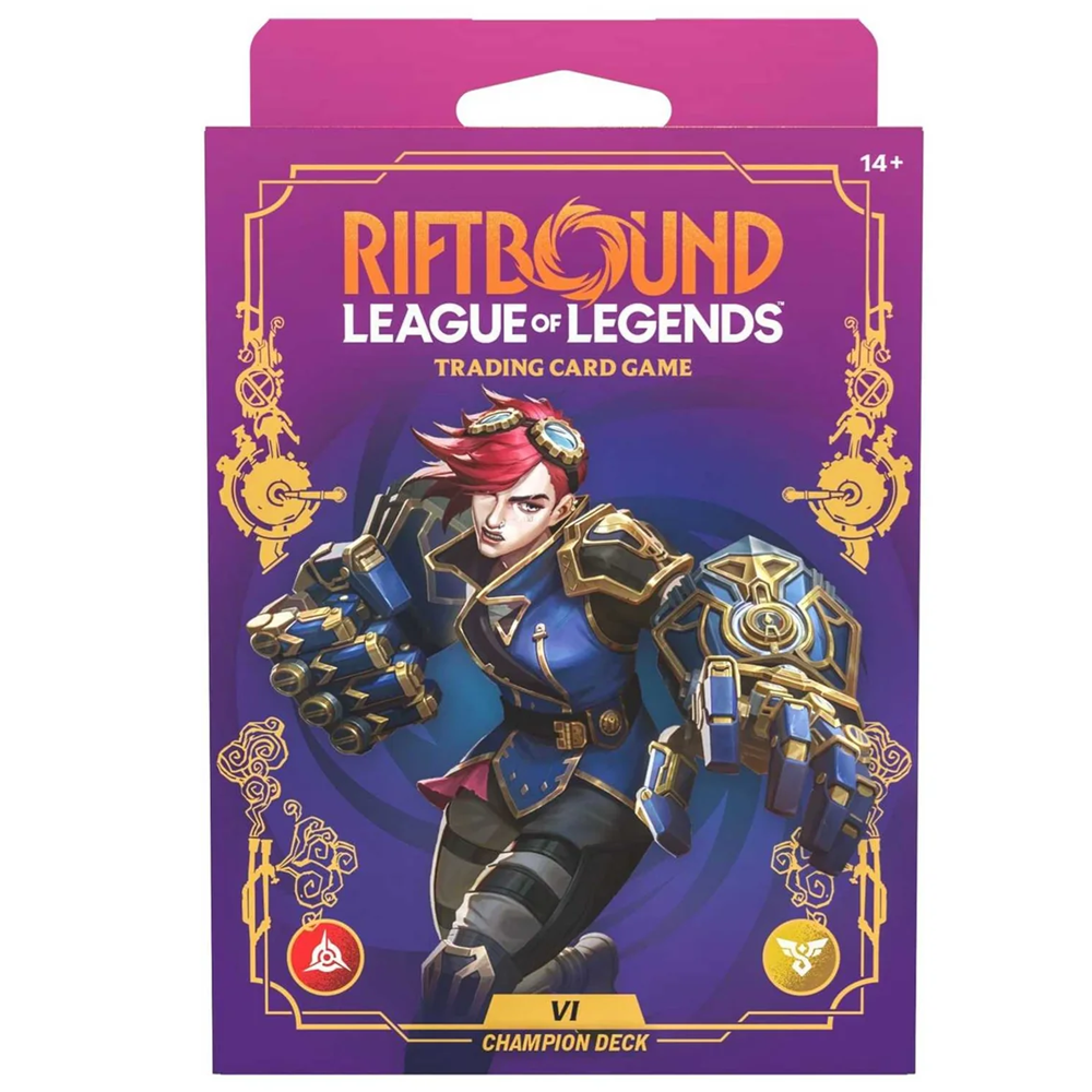 Trading card game pack for 'Riftbound League of Legends' with character illustration on purple background