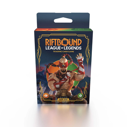 Riftbound Champion Deck box with Lee Sin artwork in red and gold showing martial stance with included cards playmat and booster for TCG fans