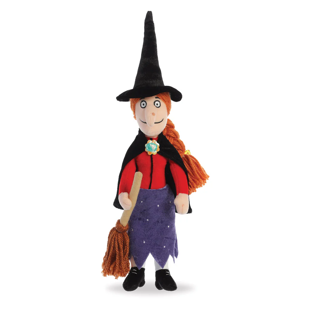 Toy witch with a broom on a white background. Room on the Broom Witch plush soft toy 39cm with broom Julia Donaldson character