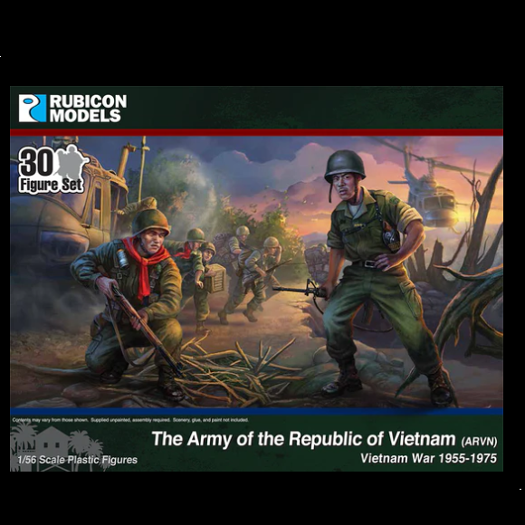 Unpainted 1/56 Rubicon Models ARVN figures kit with 30 South Vietnamese troops, multi-pose infantry, diverse firearms, headgear, and equipment for assembly.