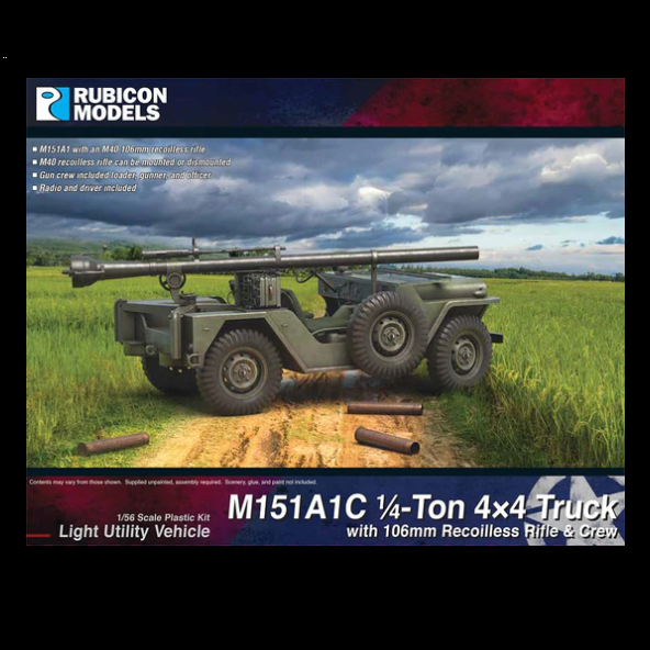 Rubicon Models M151A1C 1/4-ton 4x4 truck model kit packaging with a green truck on a grassy field.