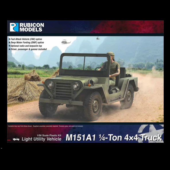 Rubicon Models M151A1 4x4 Utility Truck. Model kit packaging of a green M151A1 1/4-ton 4x4 truck with a soldier figure, featuring Rubicon Models branding.