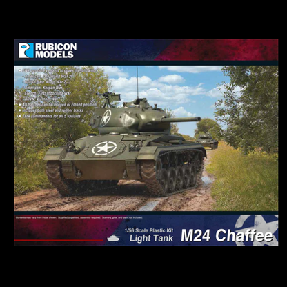 Rubicon Models Light Tank M24 Chaffee model kit packaging with tank on a natural background