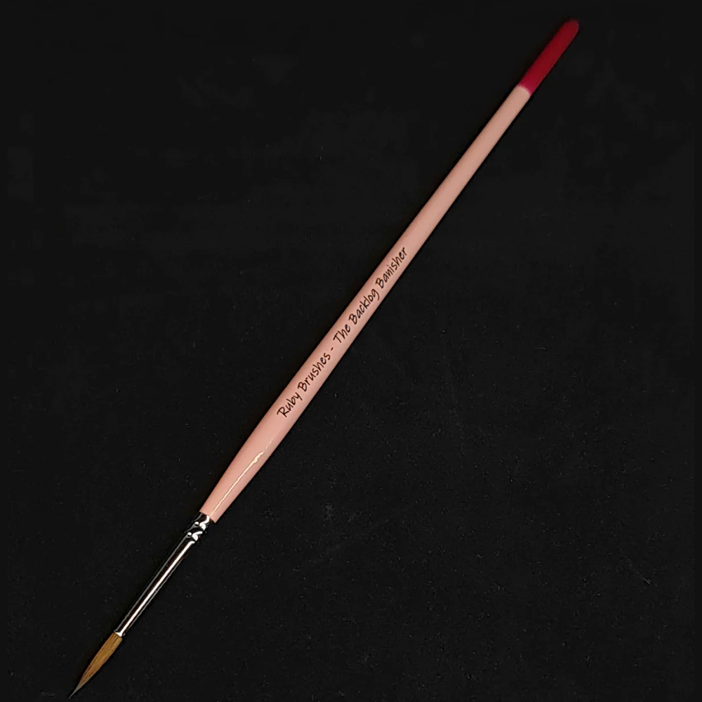 Ruby Brushes Backlog Banisher Kolinsky sable round paint brush with pink handle