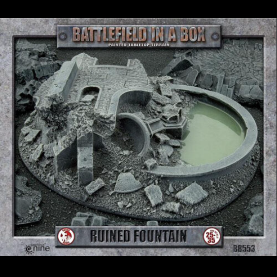 Battlefield in a Box Ruined Fountain. Pre-painted gothic terrain piece, perfect for 25-35mm scale wargames. Ready-to-use for immersive tabletop settings.