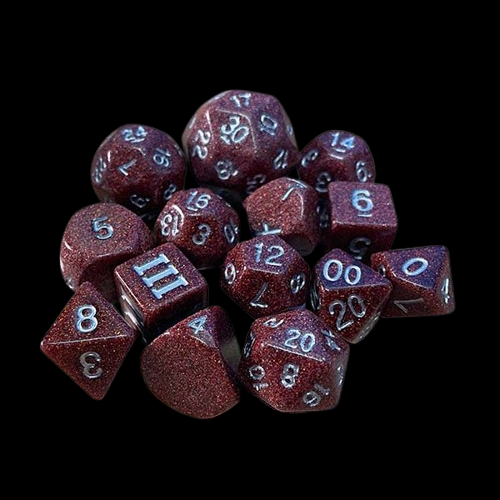 Rusted Death Hulk Purple Planet Dice complete 14-set for Dungeon Crawl Classics RPG, featuring rusty orange-brown glitter design and silver numbers.