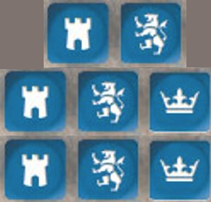 Nine blue tiles with white symbols of a castle, lion, and crown on a blue background. SAGA Age of Chivalry medieval dice blue set 8 SAGA wargame dice