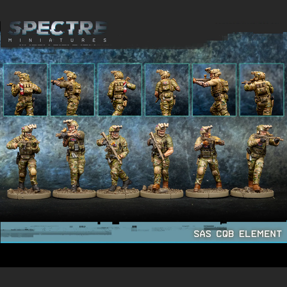 A pack of six resin miniatures representing SAS operators equipped with KS-1 rifles, designed for close-quarters battle in the Spectre tabletop game.