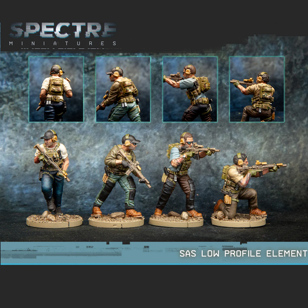 A set of four resin miniatures depicting an SAS team in civilian clothing and low-profile plate carriers, designed for the Spectre tabletop game.