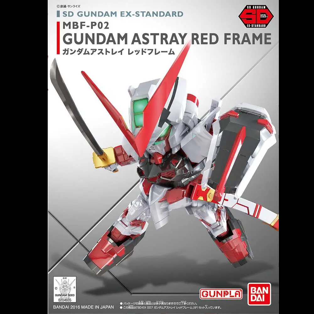 Bandai Gundam Ex-Standard MBF-P02 Gundam Astray Red Frame model kit box front, showing the assembled red, white, and grey mecha with a sword against a grey gradient background. SD Gundam Astray Red Frame Ex Standard Bandai Gunpla
