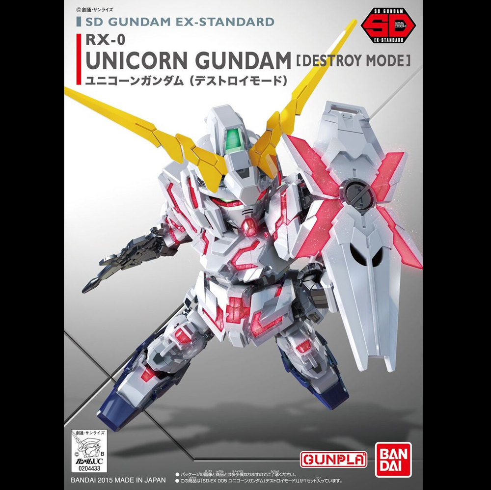 Box art for the SD Gundam Ex-Standard Unicorn Gundam [Destroy Mode] model kit, showing the assembled white, red, and yellow mecha against a grey background with Bandai and Gunpla branding. SD Gundam Ex-Standard RX-0 Unicorn Gundam Destroy Mode
