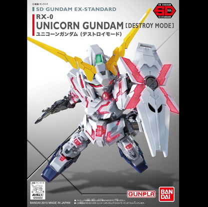 Box art for the SD Gundam Ex-Standard Unicorn Gundam [Destroy Mode] model kit, showing the assembled white, red, and yellow mecha against a grey background with Bandai and Gunpla branding. SD Gundam Ex-Standard RX-0 Unicorn Gundam Destroy Mode