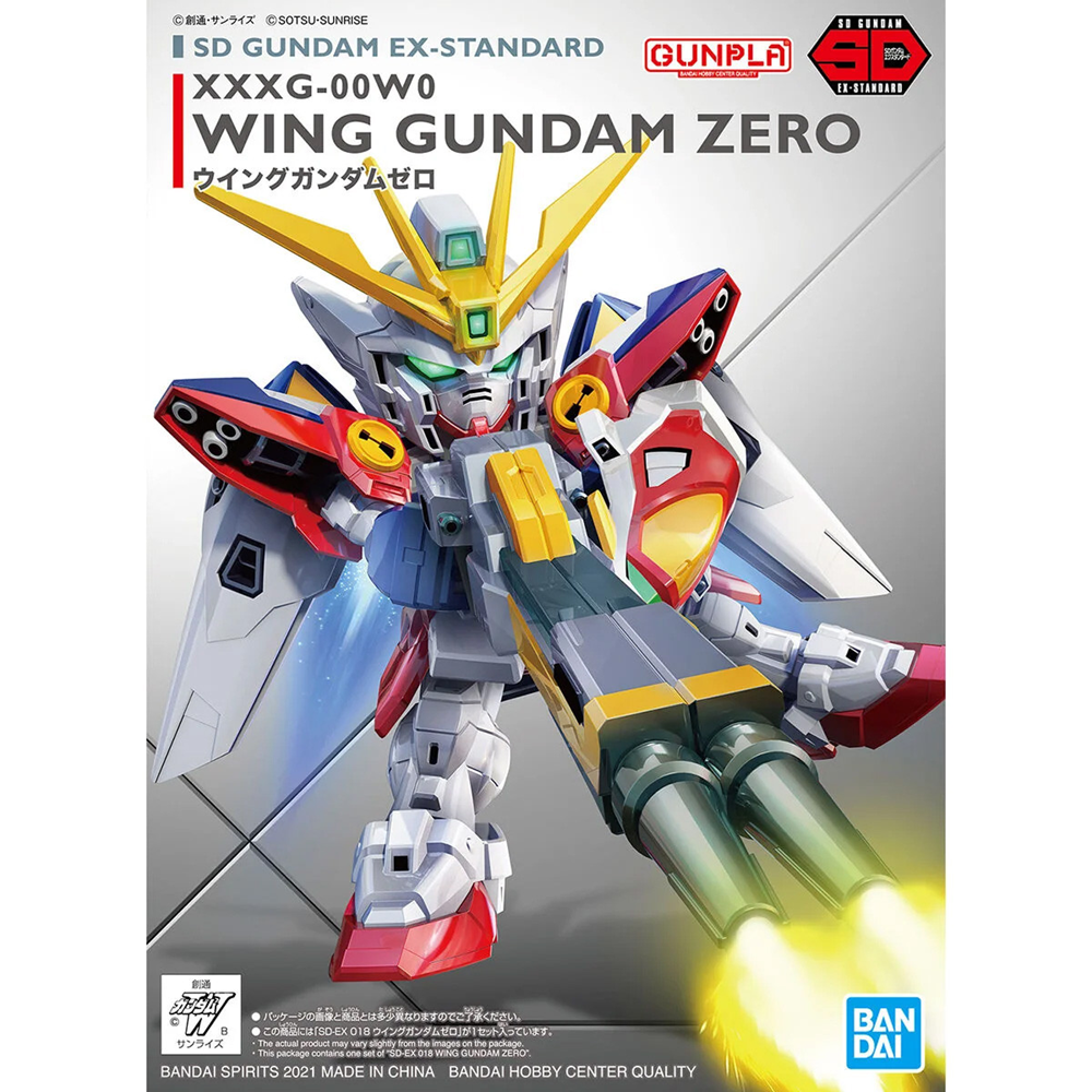 Model kit of Wing Gundam Zero with Bandai logo on a white background. SD Gundam Ex-Standard Wing Gundam Zero