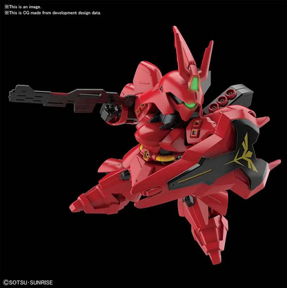 A red Gundam-style mecha figure posed dynamically against a black background, holding a dark blaster and wearing green visor details and gold accents. Small copyright text is visible in the corners. SD Gundam MSN-04 Sazabi Ex Standard Bandai Gunpla