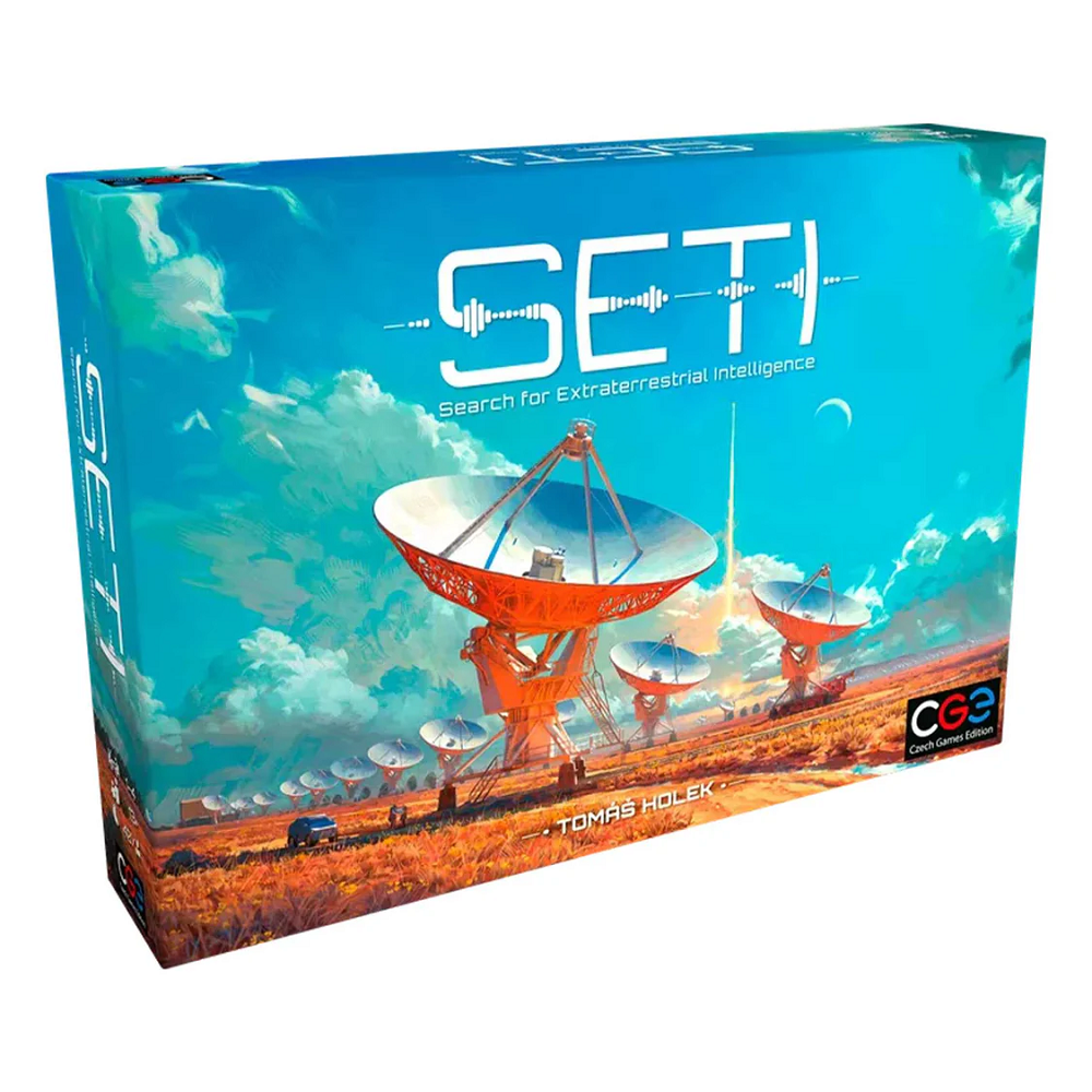 SETI: Search for Extraterrestrial Intelligence. Board game box for 'SETI: Search for Extraterrestrial Intelligence' with a colourful illustration of radio telescopes.