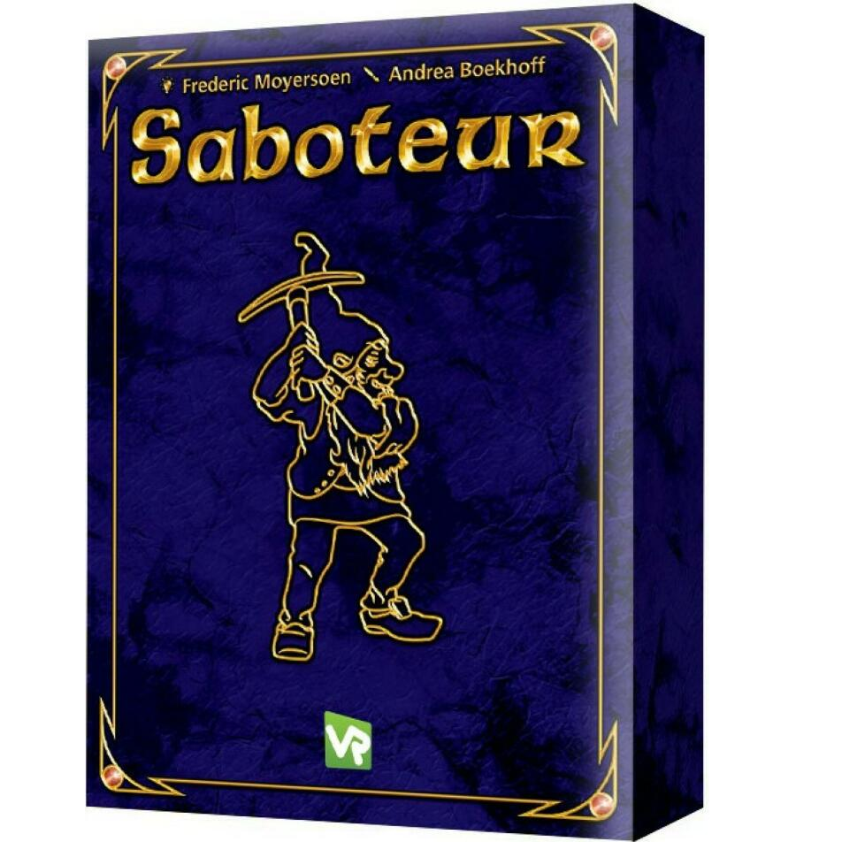 Saboteur 20 Years Jubilee Edition card game showing game cards, dwarf figures, gold tokens, and rulebook.