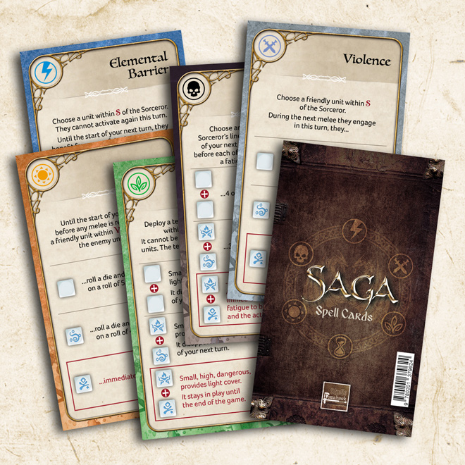 Thirty-six spell cards for SAGA Age of Magic, providing quick reference to a variety of sorcerous abilities, designed to enhance gameplay and strategy.