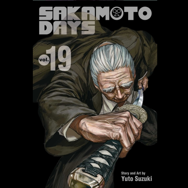 Cover of 'Sakamoto Days vol. 19' with an elderly samurai holding a sword.