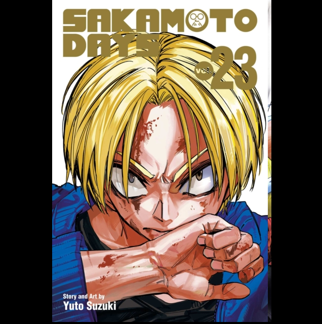 Front cover of the manga volume 'Sakamoto Datta Volume 23' by Yuto Suzuki, featuring a close-up illustration of a blond anime character with an intense expression, blood on the face and arm, and the title at the top.