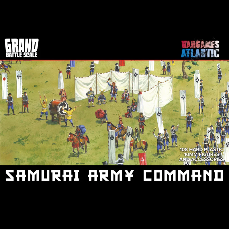 Box art for Samurai Army Command by Wargames Atlantic, featuring 108 unpainted hard plastic models of samurai, retainers, drums, banners, and generals.
