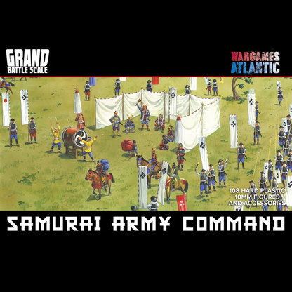Box art for Samurai Army Command by Wargames Atlantic, featuring 108 unpainted hard plastic models of samurai, retainers, drums, banners, and generals.