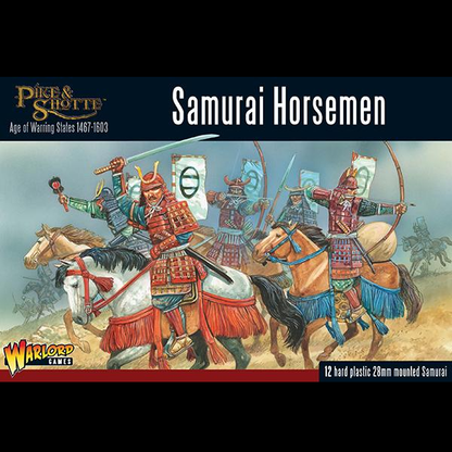 Pike & Shotte Samurai Horsemen. 12 plastic 28mm miniatures featuring dynamic cavalry with Takeda clan decals. Unassembled and unpainted for hobbyists.