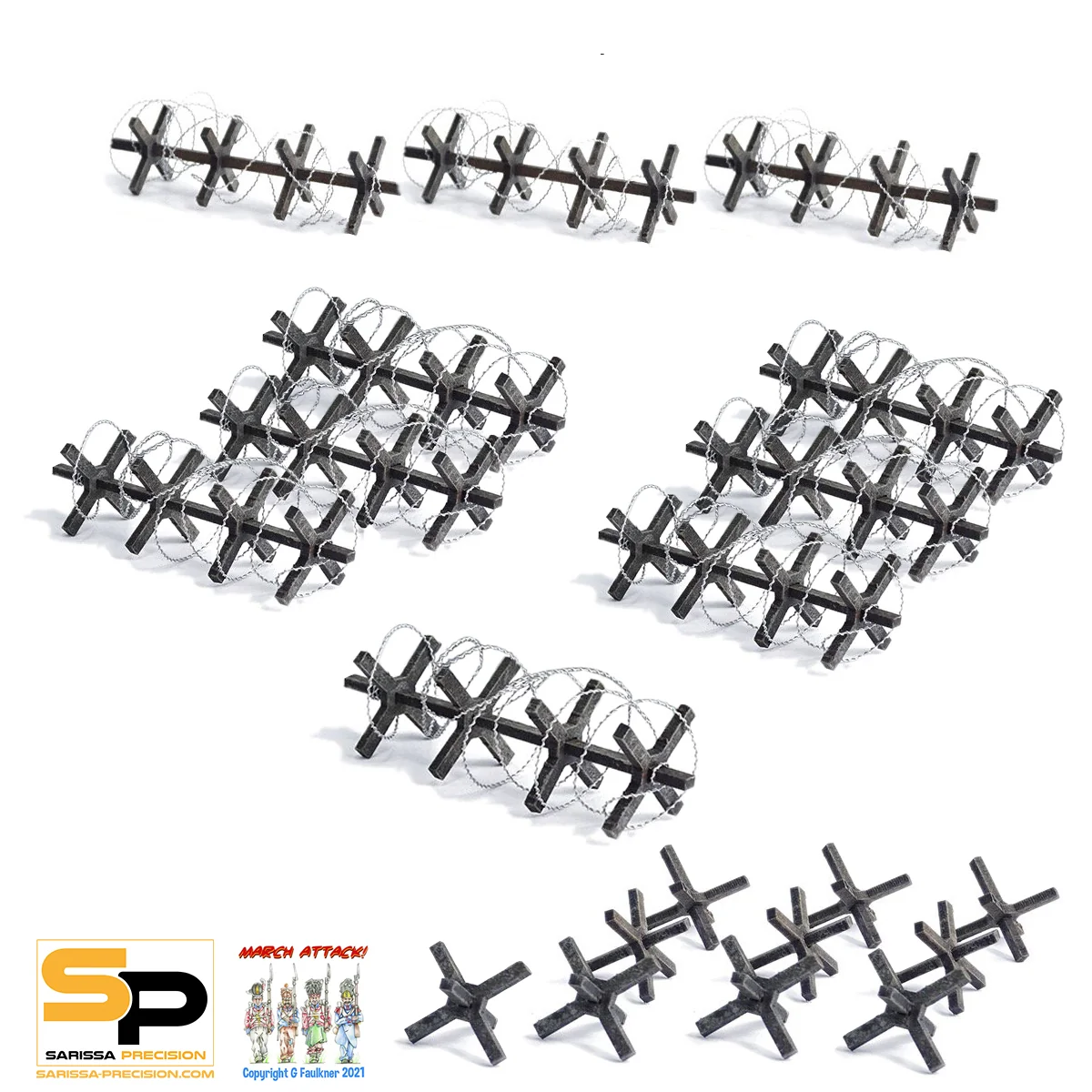 Multiple black metal cross-shaped ground anchors with coiled wire wrapped around the center, arranged on a white background. A SP March Attack! / Sarissa Precision logo appears in the lower-left corner. Sarissa Precision Barbed Wire MDF terrain kit with Hedge Hog barricades and barbed wire