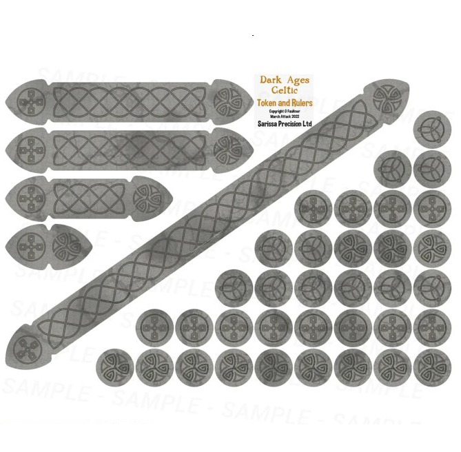 Set of token and rulers from Dark Ages Celtic series on a white background. Sarissa Precision Dark Ages Celtic Token & Ruler Set for SAGA