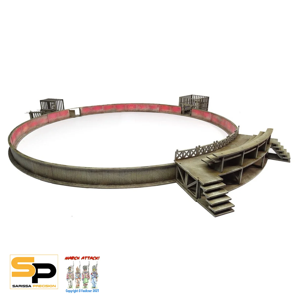 A miniature tabletop gaming terrain piece depicting a circular arena or stadium with tiered wooden stands and a red inner wall, shown on a white background with a 'March Attack!' brand logo in the bottom-left corner. Sarissa Precision Ludus Arena Scenery Set MDF Roman wargaming terrain with arena seating and cages