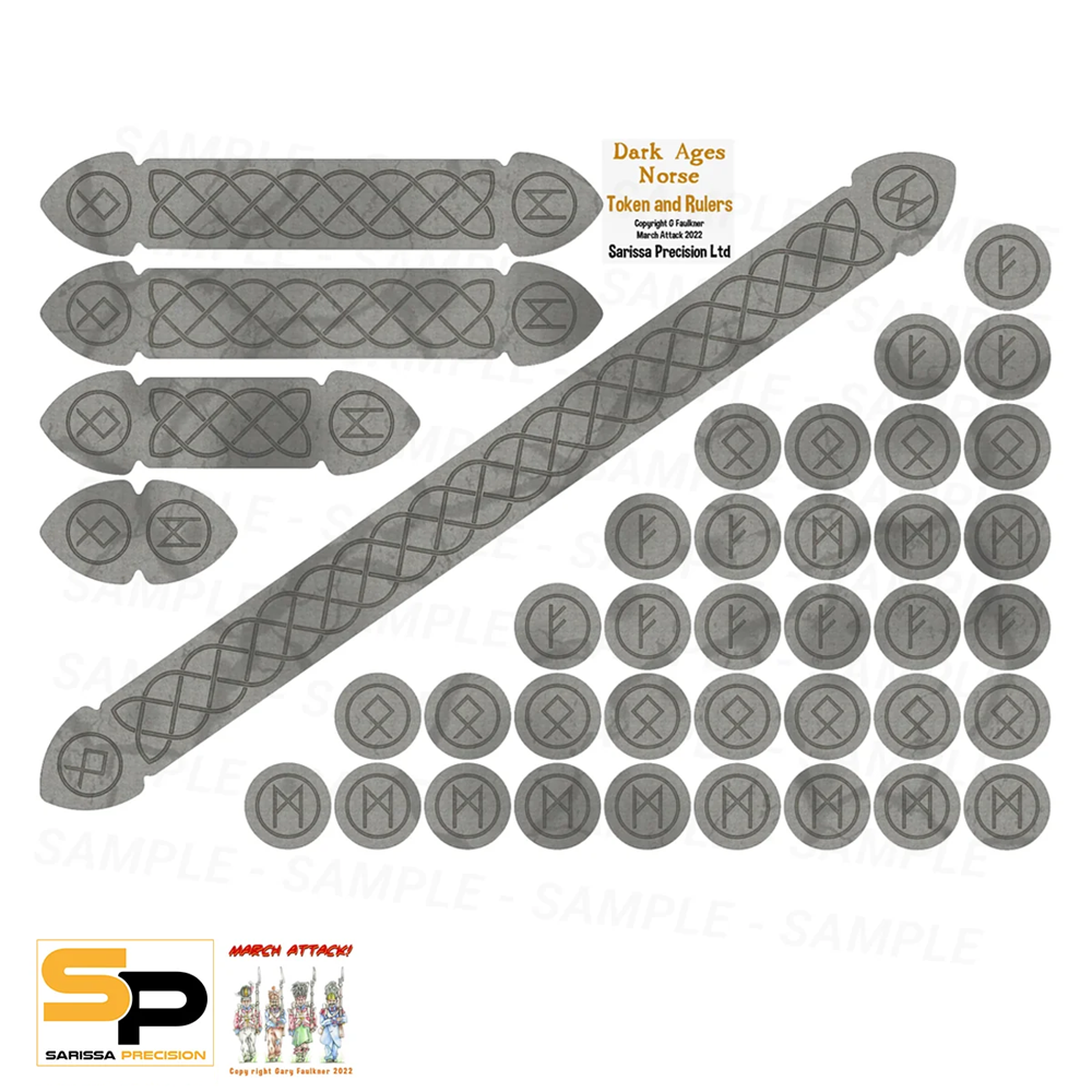 A set of grey plastic miniature accessories for tabletop wargaming, including two long Viking-style shields with Norse runes and multiple round coin-like pieces with rune symbols. The image includes branding for Samasa Precision and a watermark for March Attack. Sarissa Precision SAGA Dark Ages Norse Token and Ruler Set full colour MDF