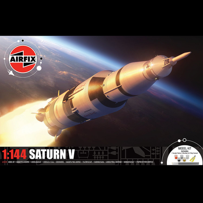 Saturn V 1:144 Scale Model Gift Set. A 1:144 scale Saturn V rocket model with white body, black detailing and fins, shown unassembled on a plain surface.