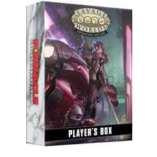 Fantasy role-playing game box with character illustration on a white background. Savage Worlds Adventure Edition Player Box with magnetic closure and RPG accessories