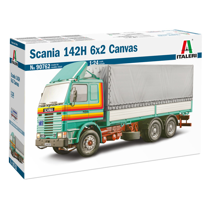 A 1:24 scale model kit of the Scania 142H 6x2 Canvas, featuring 47.1 cm length, requiring assembly, and including a super decal sheet for two versions.