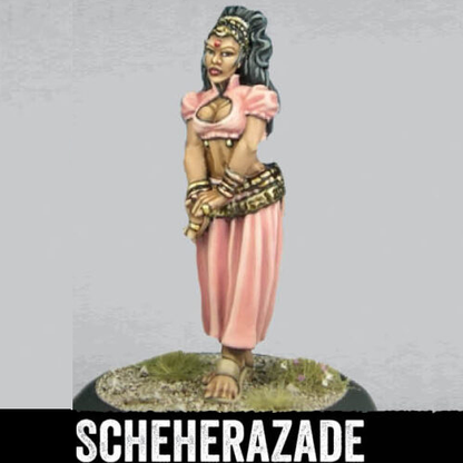 Scheherazade by Crooked Dice, a 28mm scale metal miniatures depicting Scheherazade from the middle eastern tales known as One Thousand and One Nights. She has her hand in front of her, with one foot slightly forward and her bottom stuck out slightly at the back in a slightly provocative pose, wearing open toe sandals, bangles, soft pink keyhole cut top and flowing trousers with her mid drift exposed 