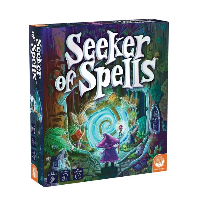 The board game box for 'Seeker of Spells' by Super7 Games, featuring a vibrant, whimsical forest illustration with a wizard and magical portal, shown on a plain white background. Seeker of Spells Board Game