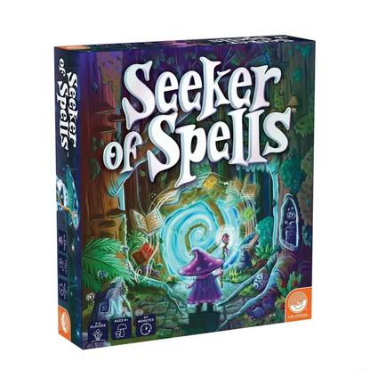 The board game box for 'Seeker of Spells' by Super7 Games, featuring a vibrant, whimsical forest illustration with a wizard and magical portal, shown on a plain white background. Seeker of Spells Board Game