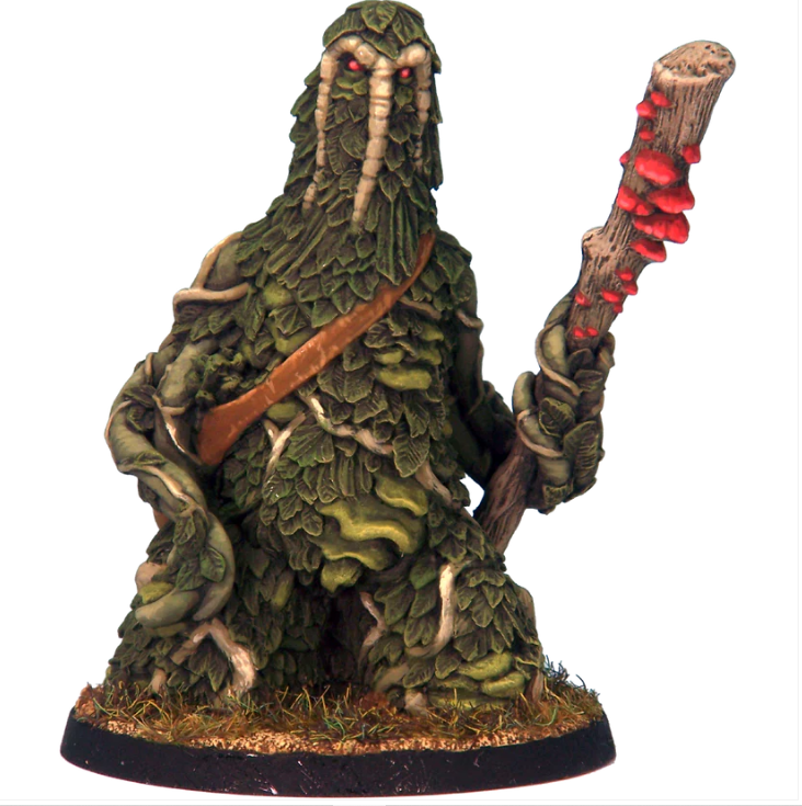 Shambler Warden by Crooked Dice, a resin miniature for your tabletop games representing a detailed swamp monster holding a wooden staff and carrying a bag full of mushrooms