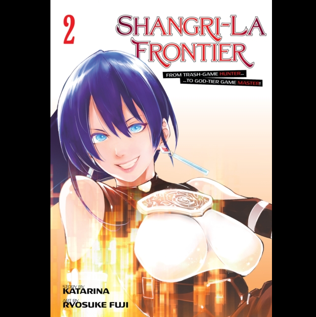Manga volume cover for Shangri-La Frontier Volume 2, featuring an anime-style illustration of a smiling woman with short dark blue hair, blue eyes, and a white and black outfit against a warm glowing background. The title 'SHANGRI-LA FRONTIER' appears prominently at the top, with volume number 2 in red at the upper left. Shangri-La Frontier, Vol.2