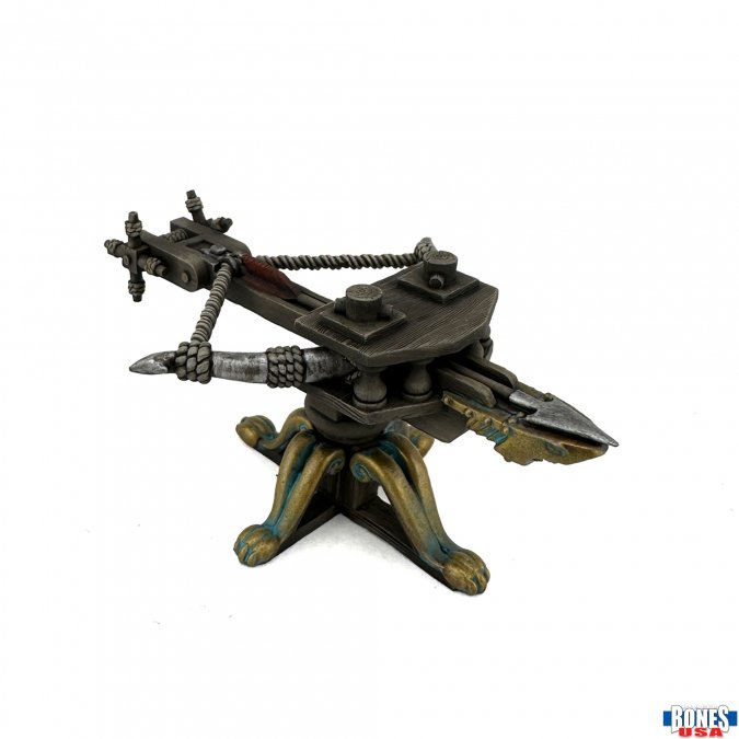 Unpainted Sharkbite Ballista miniature by Kevin Williams. Features a shark-shaped head with open mouth and teeth, mounted on ornate legs. Bones USA RMPrint material.