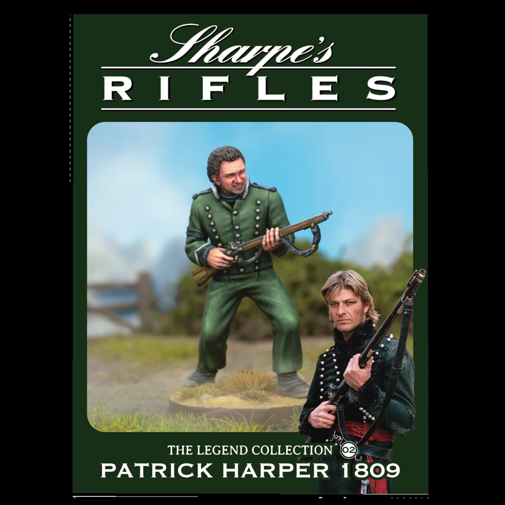 Product packaging for 'Sharpe's Rifles' featuring two figures in green uniforms with rifles. Wargames Atlantic Sharpe’s Rifles Patrick Harper 1809 28mm and 54mm scale plastic miniature set with scenic base