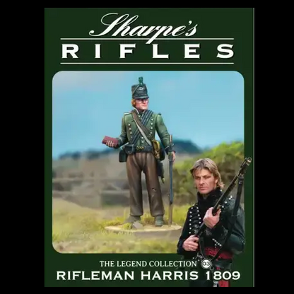 Cover of Sharpe's Rifles: The Legend Collection, featuring a vintage military illustration of a rifleman and a modern photo of a man holding a rifle, with the text 'Rifleman Harris 1809'. Sharpe's Rifles Rifleman Harris 1809 The Scholar of the 95th 28mm and 54mm miniatures