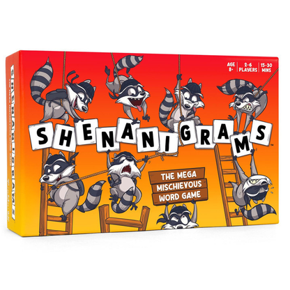 Shenanigrams word game box with tiles and tags arranged around it.