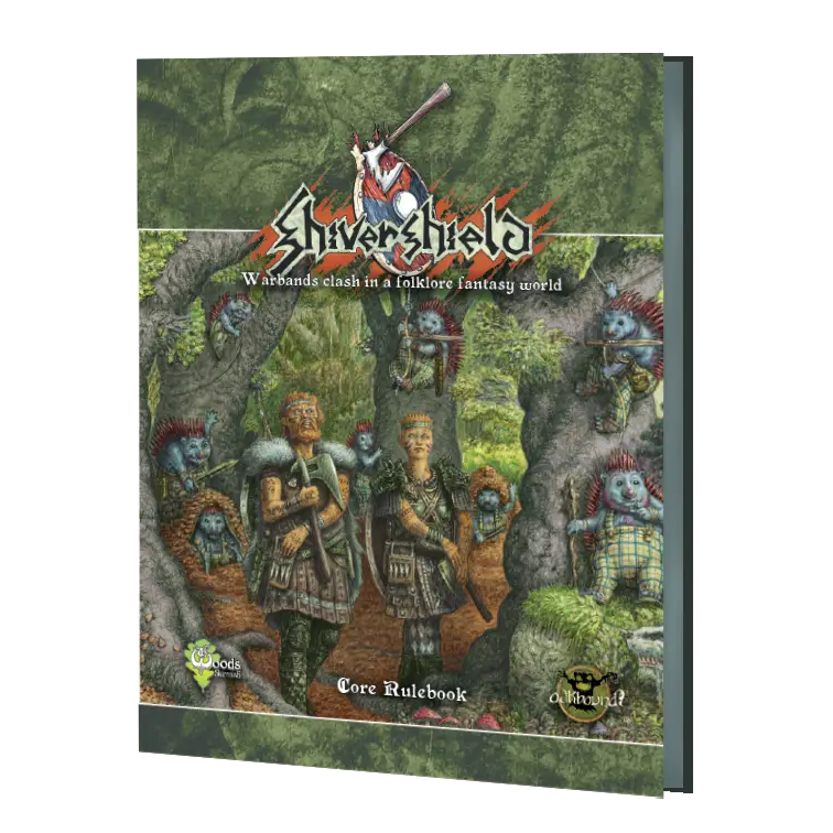 Shivershield Core Rulebook hardcover edition, featuring a detailed fantasy illustration of a group of shivershields in a forest with the title 'Shivershield'  on the cover. Shivershield Skirmish Core Hardback Rulebook 